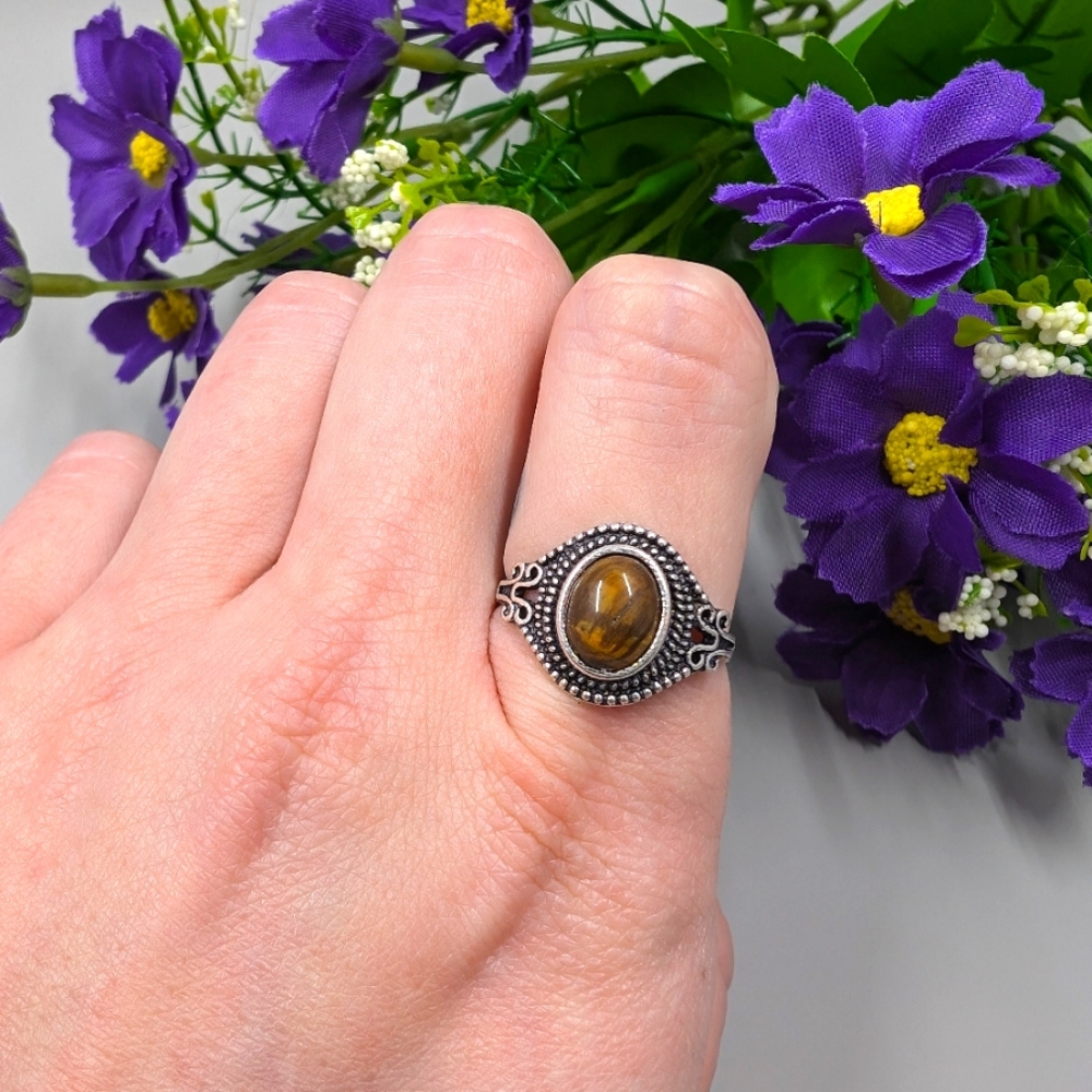 Genuine Tigers Eye Oval Stone 925 Sterling Silver Plated Vintage Signet Ring